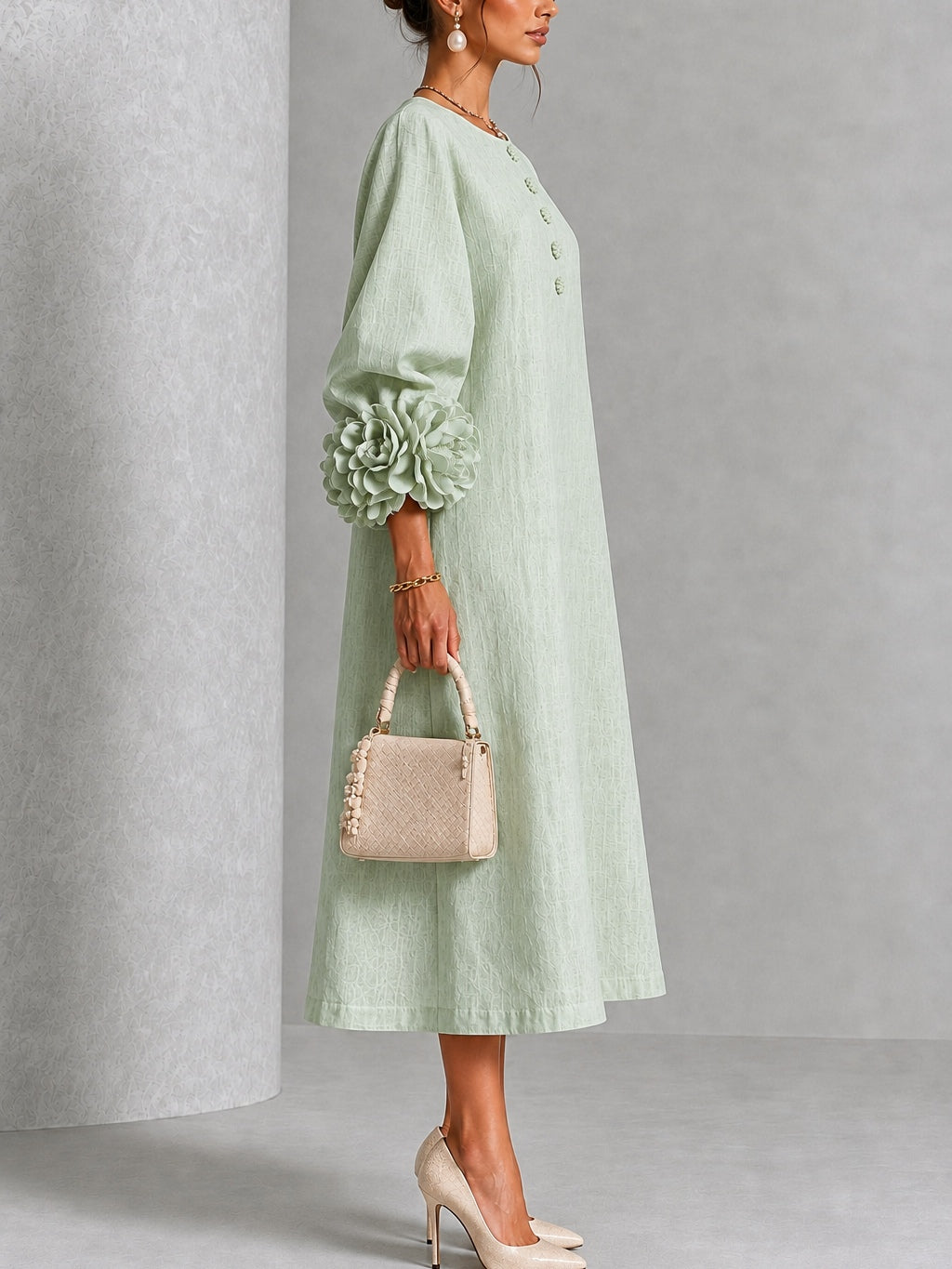 Mistic Sage Midi Dress with Flower Buttons and Extravagant Flower Sleeves