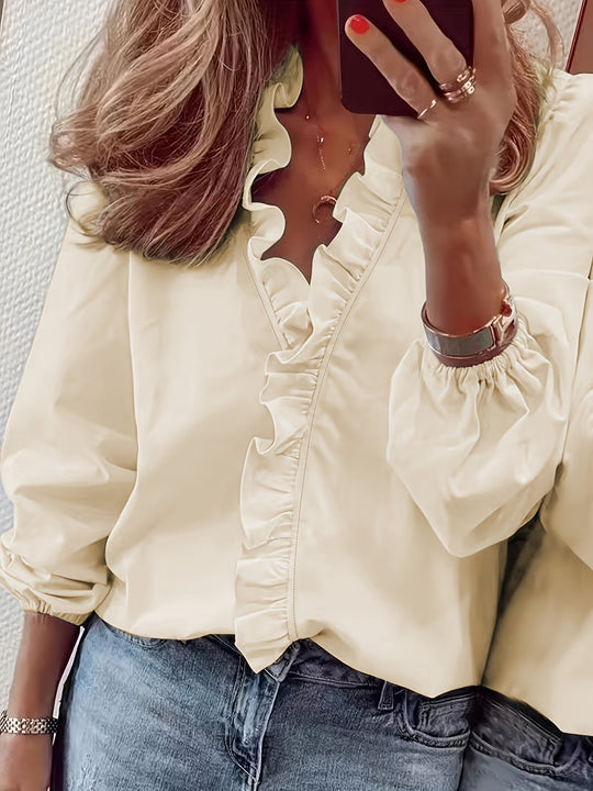 V-Neck Blouse - Wavy Trim and Lightweight Breathable Fabric