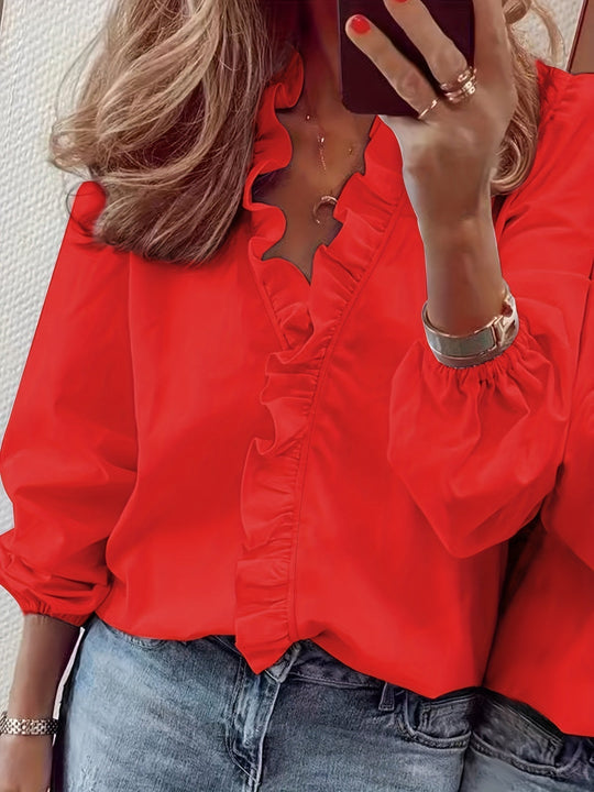 V-Neck Blouse - Wavy Trim and Lightweight Breathable Fabric