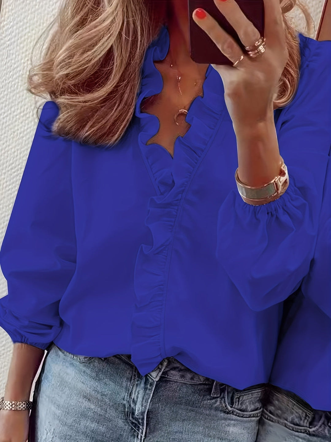 V-Neck Blouse - Wavy Trim and Lightweight Breathable Fabric