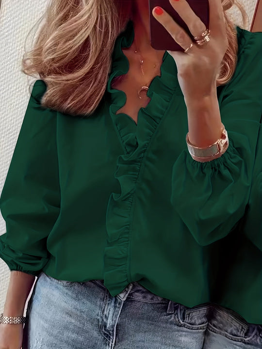 V-Neck Blouse - Wavy Trim and Lightweight Breathable Fabric