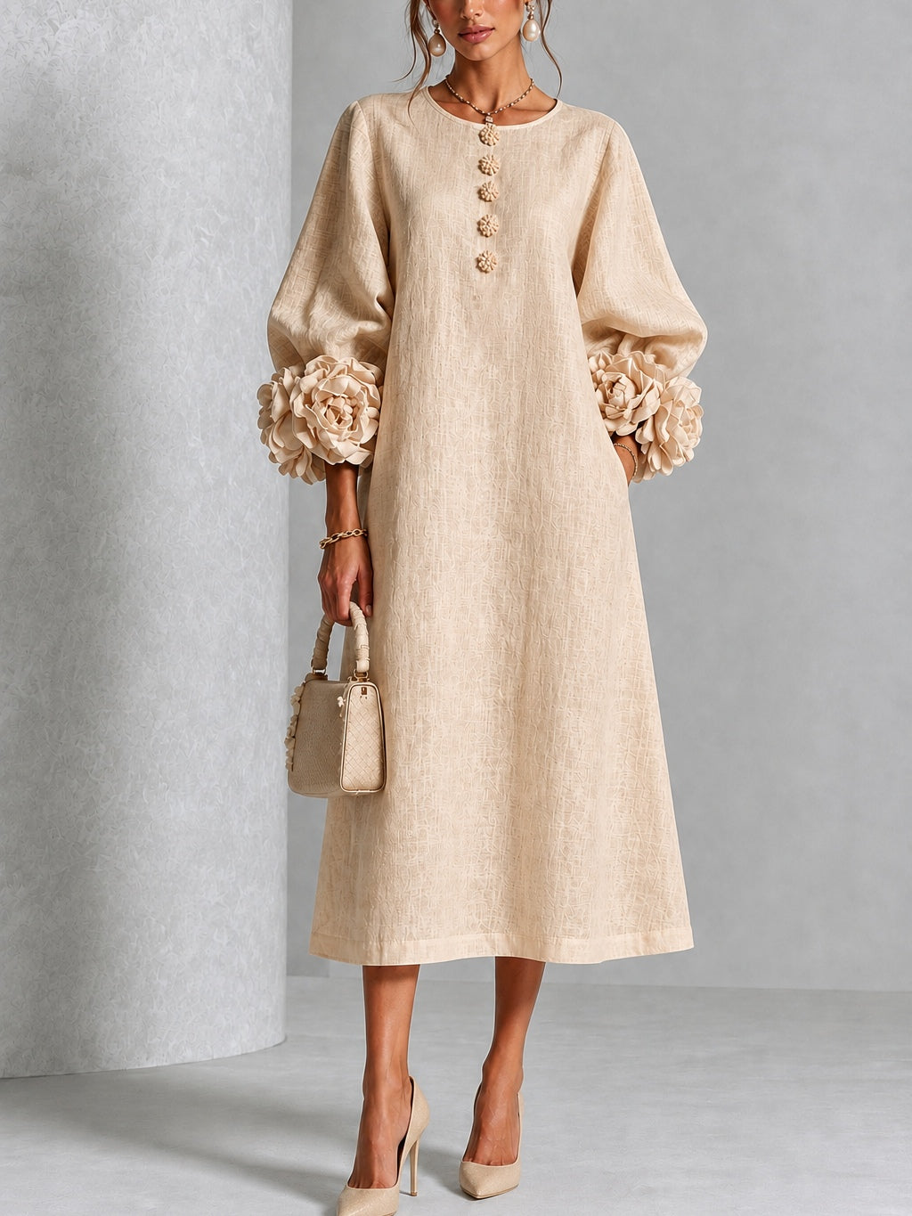 Beige Midi Dress with Floral Buttons and Extravagant Floral Sleeves