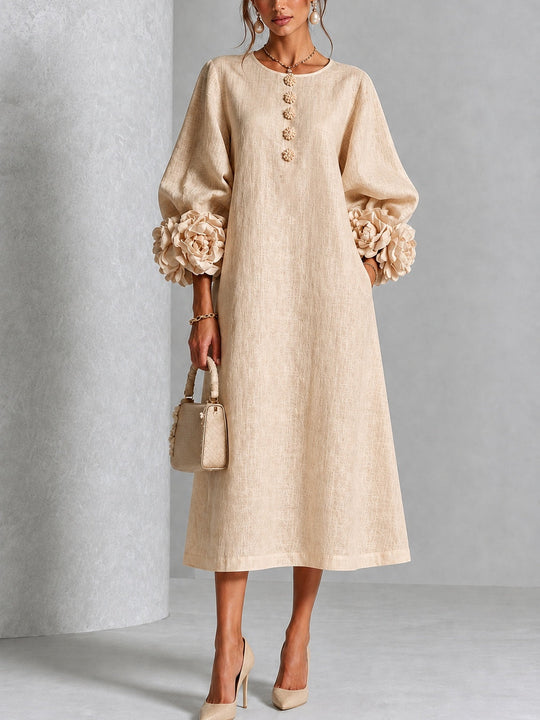 Beige Midi Dress with Floral Buttons and Extravagant Floral Sleeves