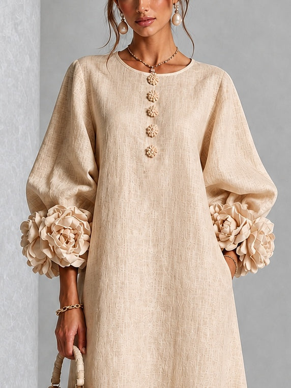 Beige Midi Dress with Floral Buttons and Extravagant Floral Sleeves