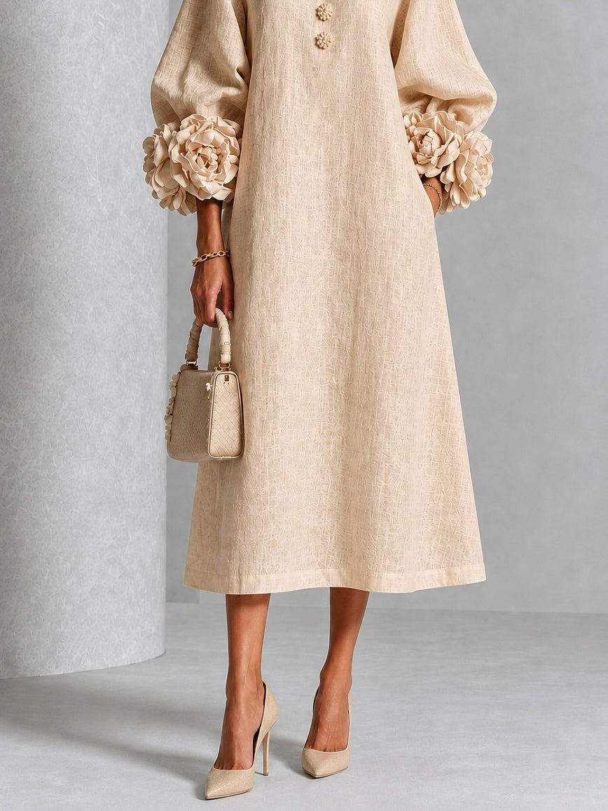 Beige Midi Dress with Floral Buttons and Extravagant Floral Sleeves