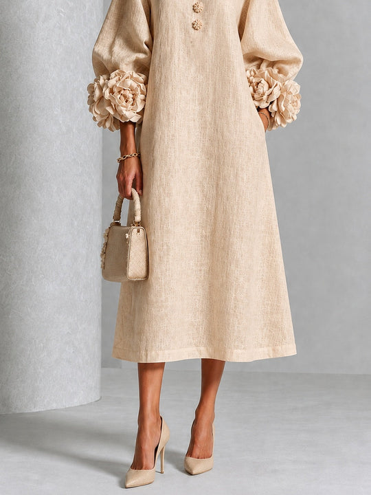 Beige Midi Dress with Floral Buttons and Extravagant Floral Sleeves