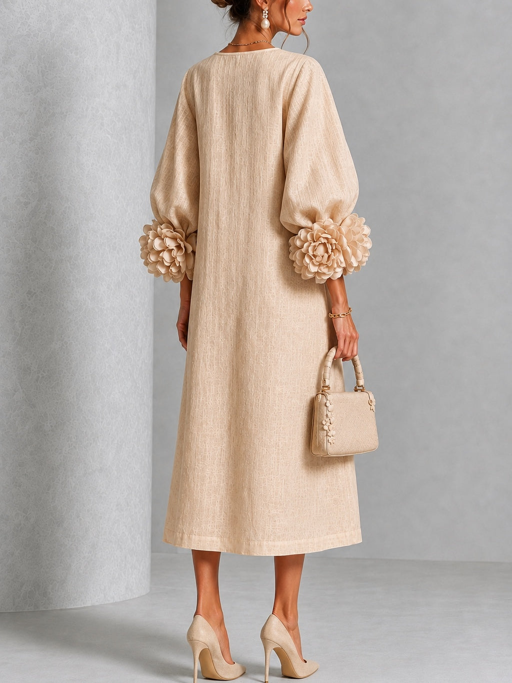 Beige Midi Dress with Floral Buttons and Extravagant Floral Sleeves