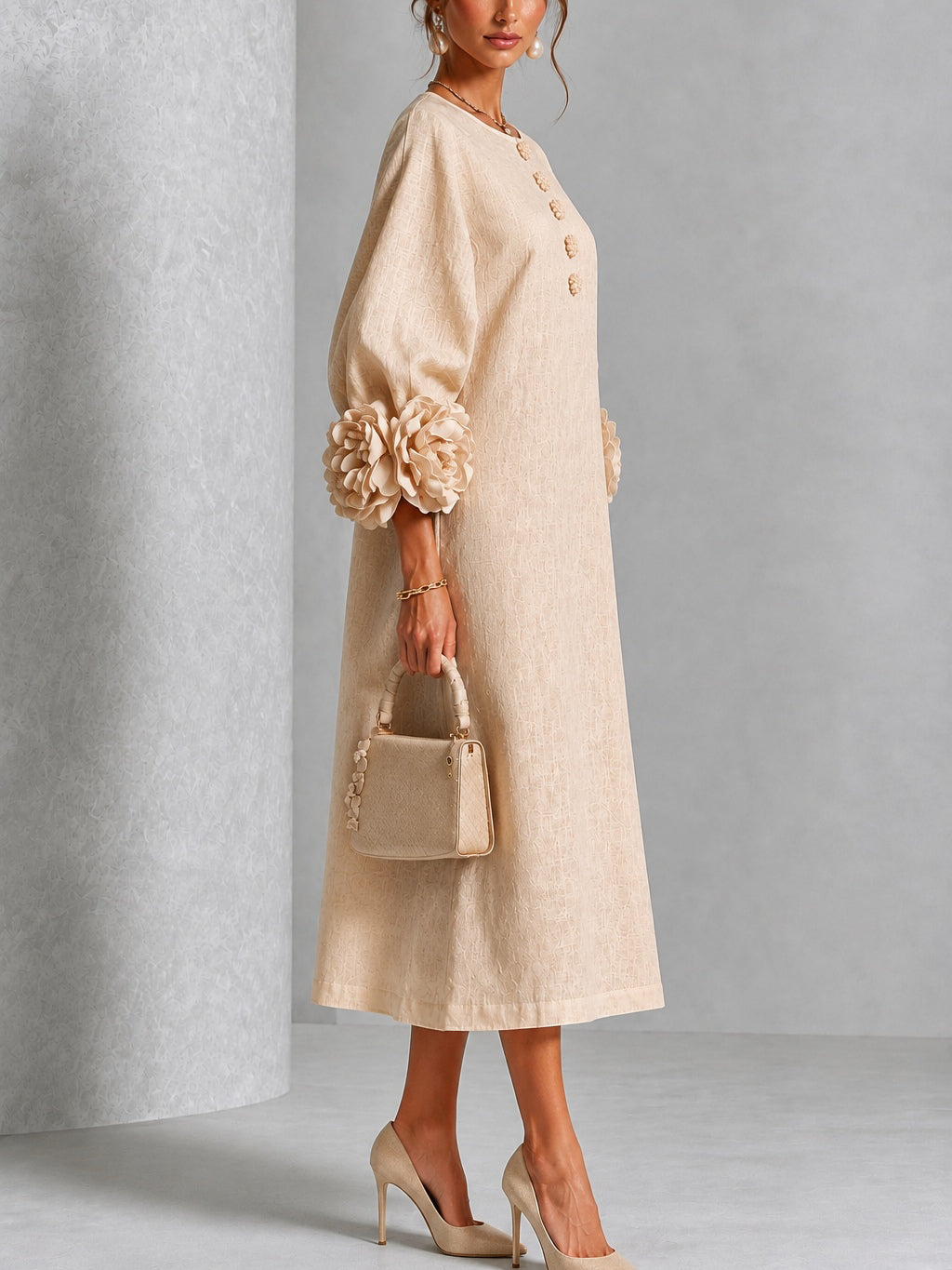 Beige Midi Dress with Floral Buttons and Extravagant Floral Sleeves