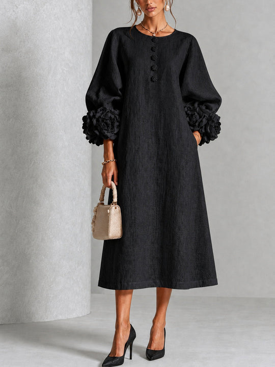 Black Floral Midi Dress with Buttons and Dramatic Floral Sleeves