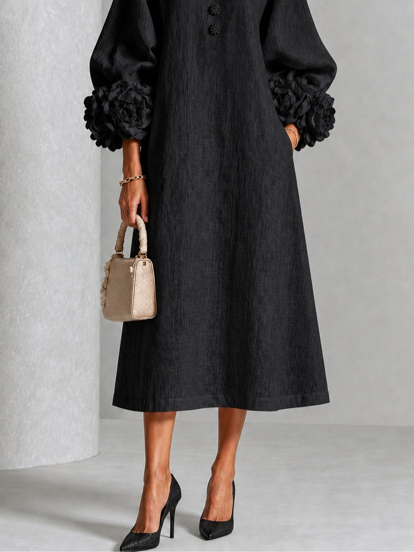 Black Floral Midi Dress with Buttons and Dramatic Floral Sleeves