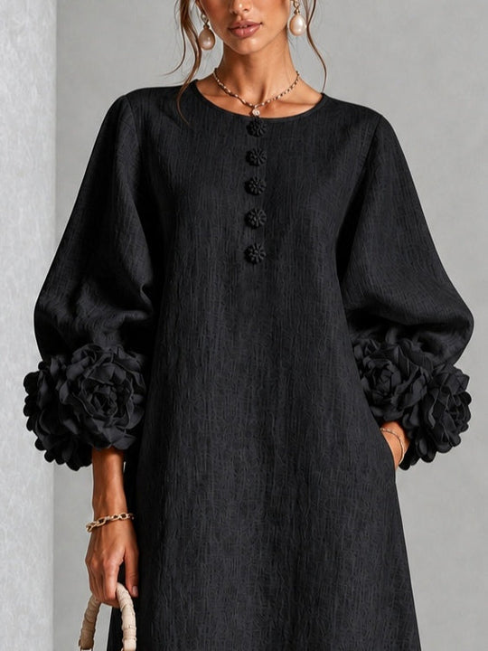 Black Floral Midi Dress with Buttons and Dramatic Floral Sleeves