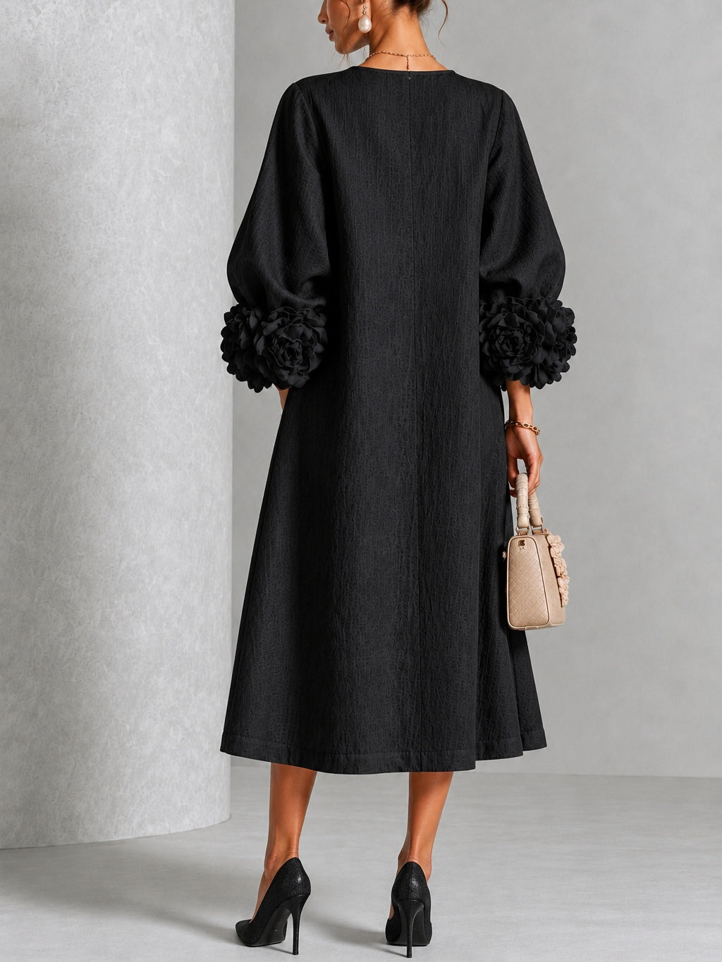 Black Floral Midi Dress with Buttons and Dramatic Floral Sleeves
