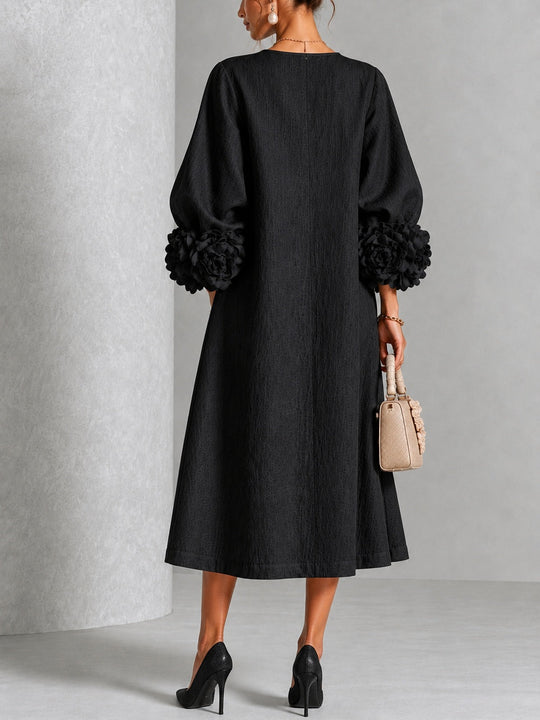 Black Floral Midi Dress with Buttons and Dramatic Floral Sleeves