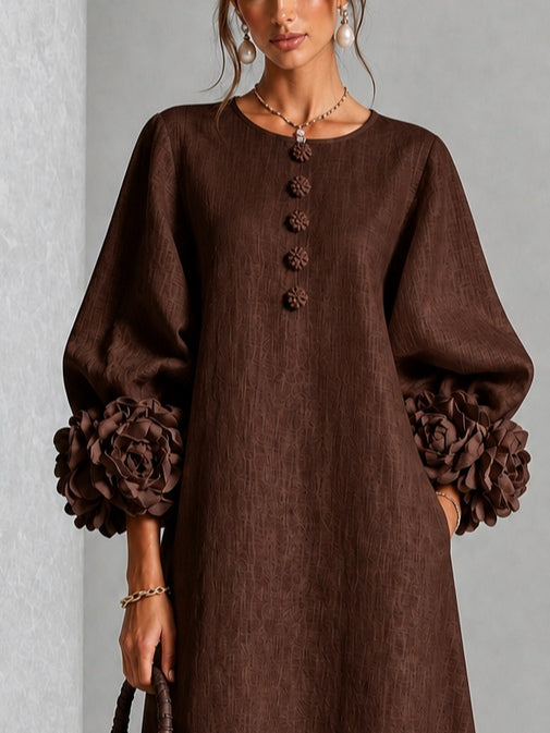Brown Midi Dress with Flower Buttons and Extravagant Flower Sleeves