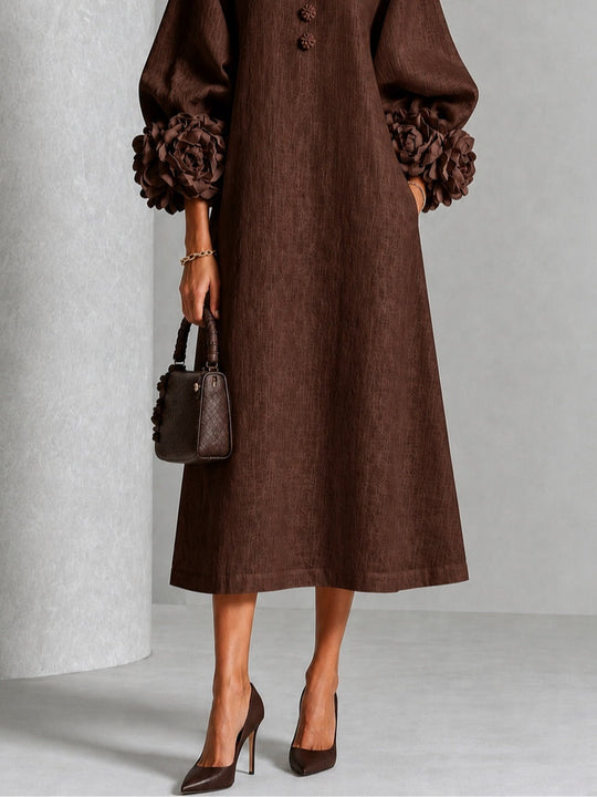 Brown Midi Dress with Flower Buttons and Extravagant Flower Sleeves