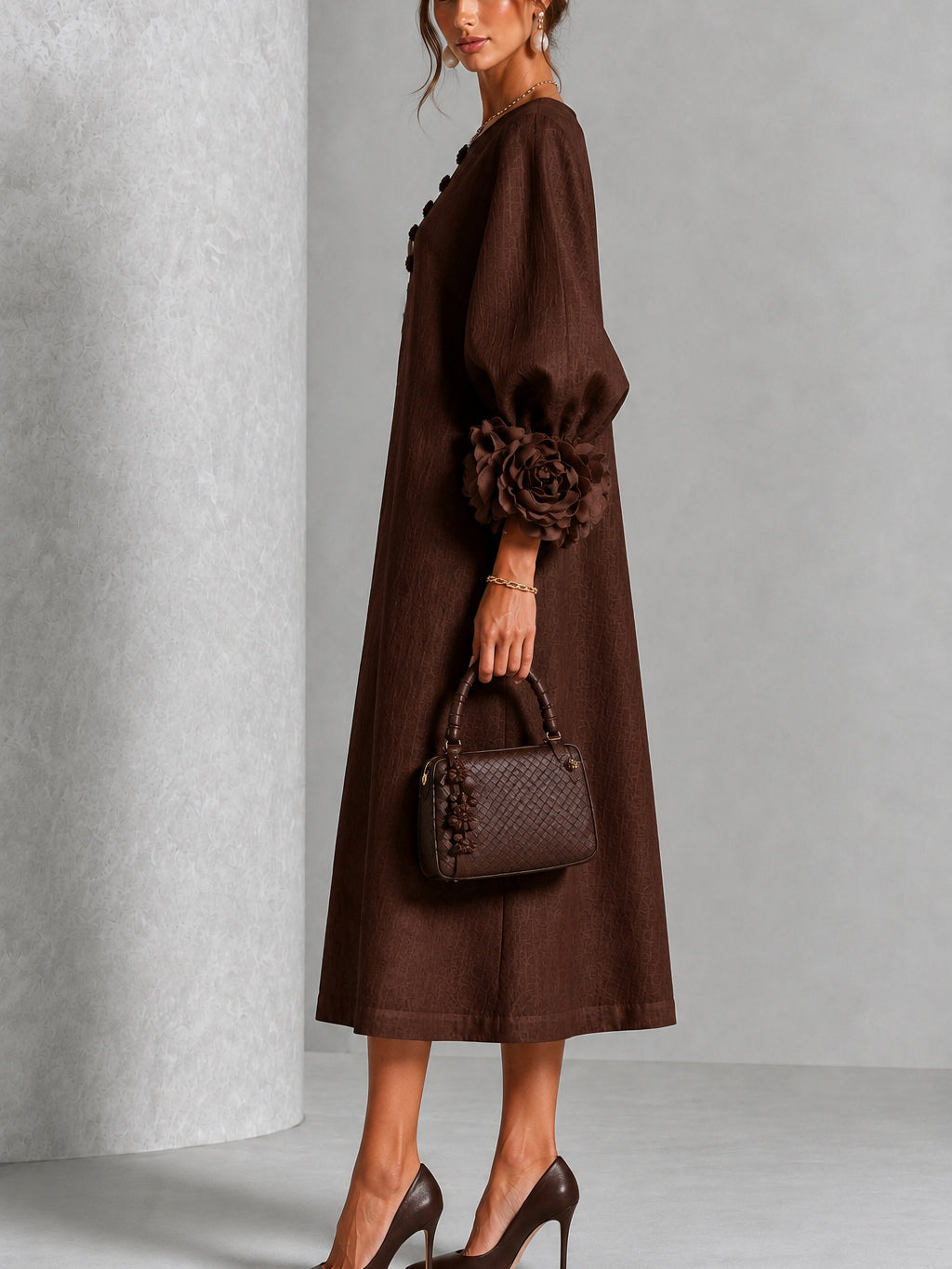 Brown Midi Dress with Flower Buttons and Extravagant Flower Sleeves