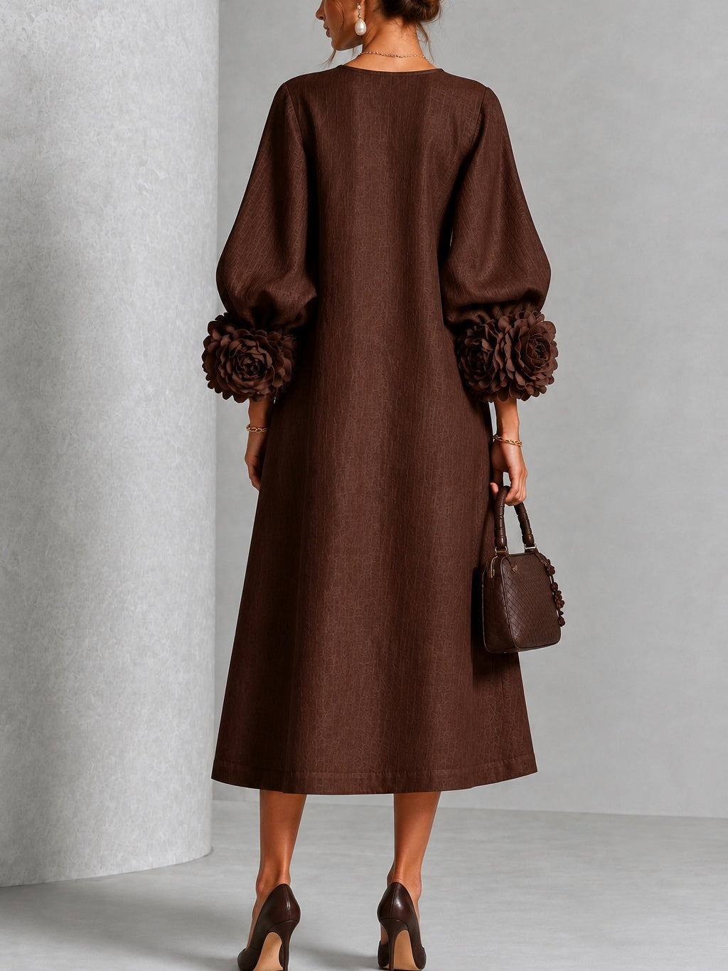 Brown Midi Dress with Flower Buttons and Extravagant Flower Sleeves