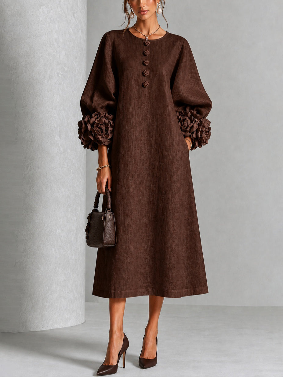 Brown Midi Dress with Flower Buttons and Extravagant Flower Sleeves