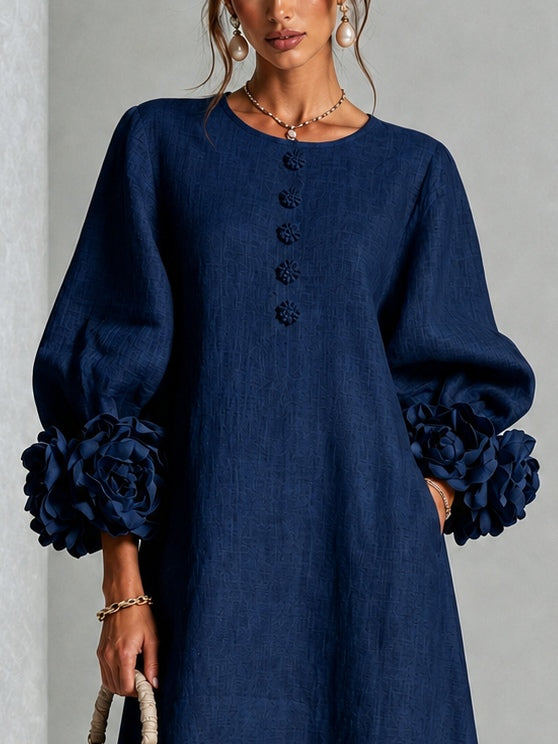 Navy Blue Midi Dress with Flower Buttons and Extravagant Flower Sleeves