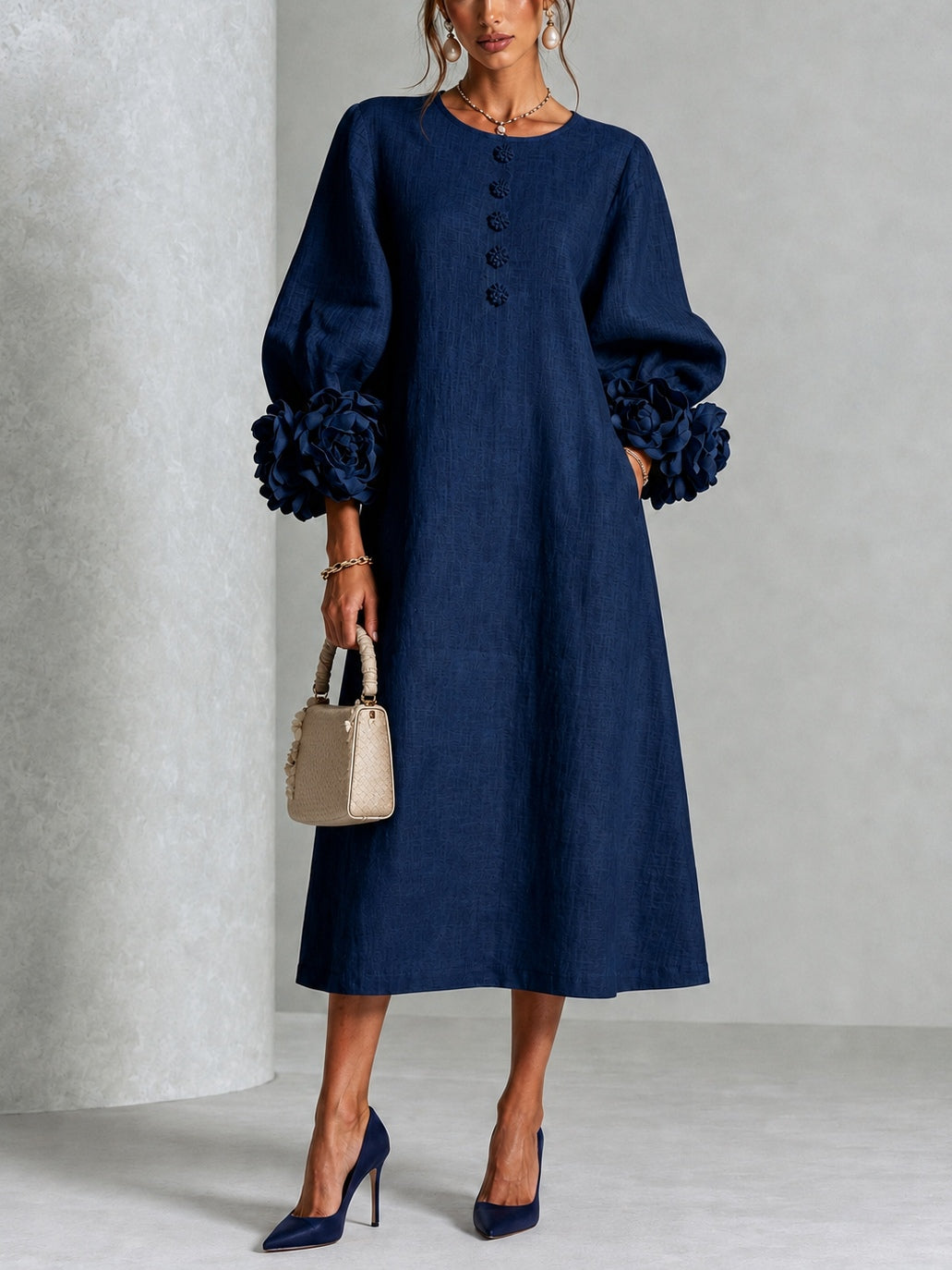 Navy Blue Midi Dress with Flower Buttons and Extravagant Flower Sleeves