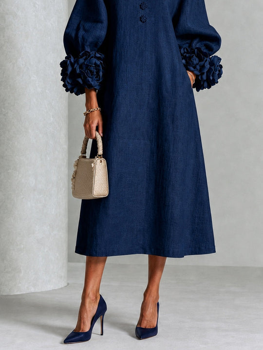 Navy Blue Midi Dress with Flower Buttons and Extravagant Flower Sleeves