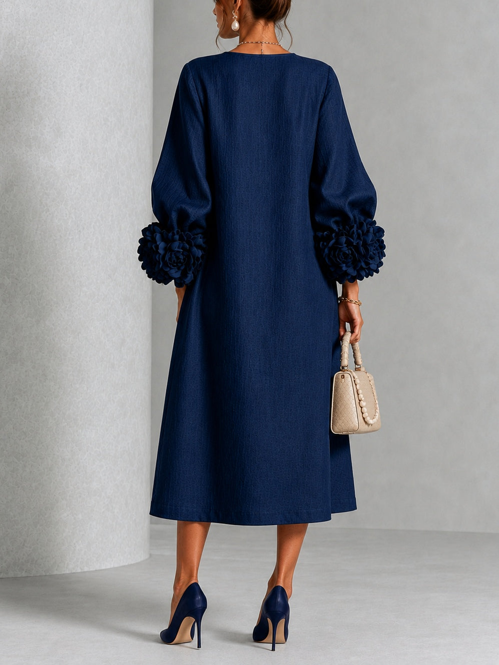 Navy Blue Midi Dress with Flower Buttons and Extravagant Flower Sleeves