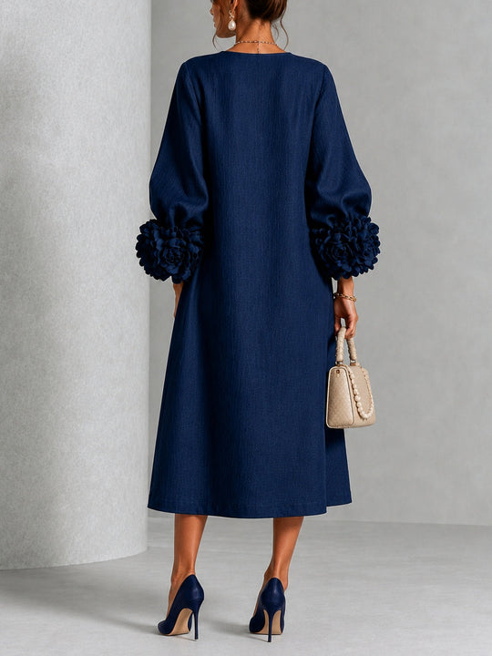Navy Blue Midi Dress with Flower Buttons and Extravagant Flower Sleeves