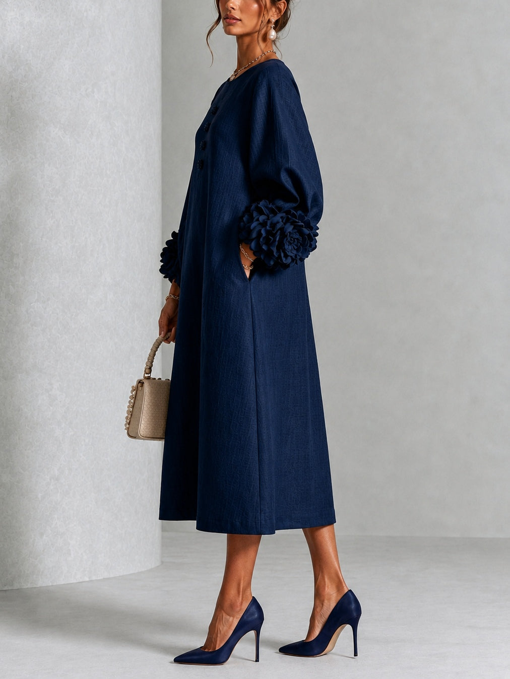 Navy Blue Midi Dress with Flower Buttons and Extravagant Flower Sleeves