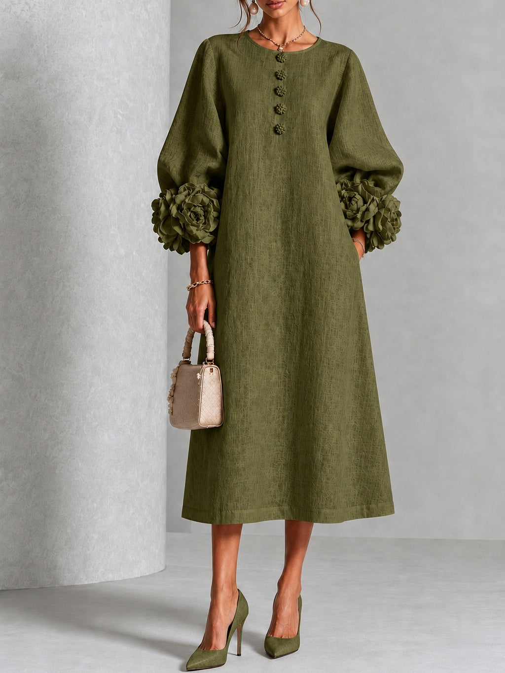 Olive Midi Dress with Flower Buttons and Extravagant Flower Sleeves