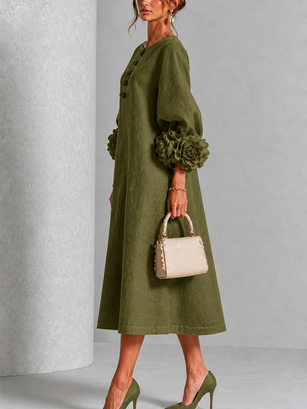 Olive Midi Dress with Flower Buttons and Extravagant Flower Sleeves