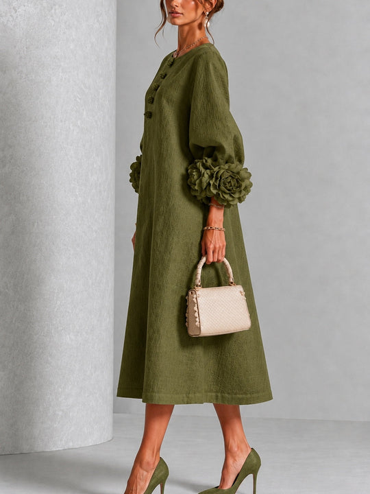 Olive Midi Dress with Flower Buttons and Extravagant Flower Sleeves