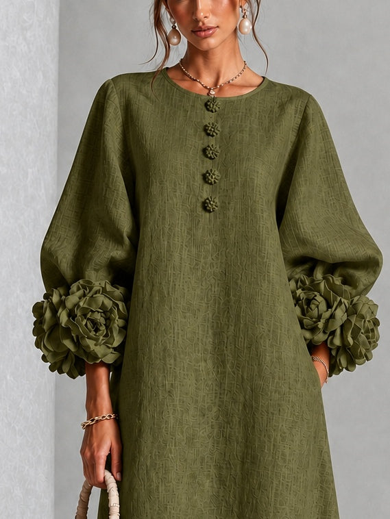 Olive Midi Dress with Flower Buttons and Extravagant Flower Sleeves