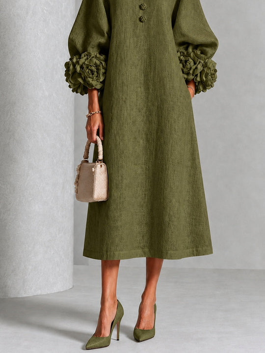 Olive Midi Dress with Flower Buttons and Extravagant Flower Sleeves