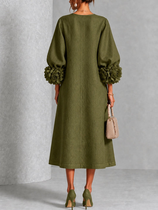 Olive Midi Dress with Flower Buttons and Extravagant Flower Sleeves