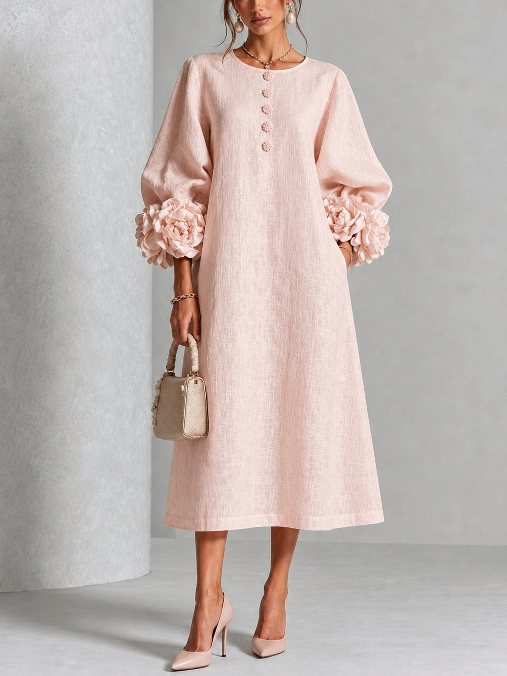 Pink Midi Dress with Flower Buttons and Extravagant Flower Sleeves