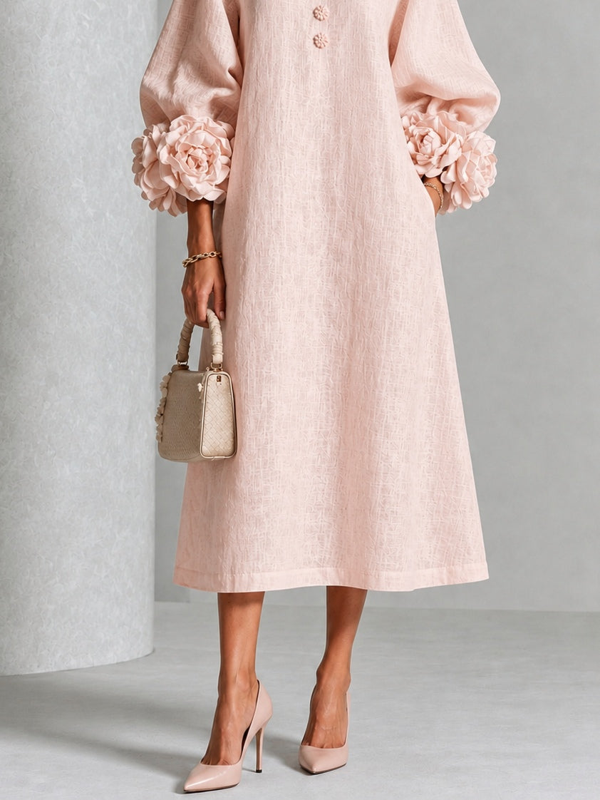 Pink Midi Dress with Flower Buttons and Extravagant Flower Sleeves