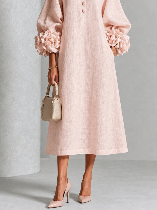 Pink Midi Dress with Flower Buttons and Extravagant Flower Sleeves