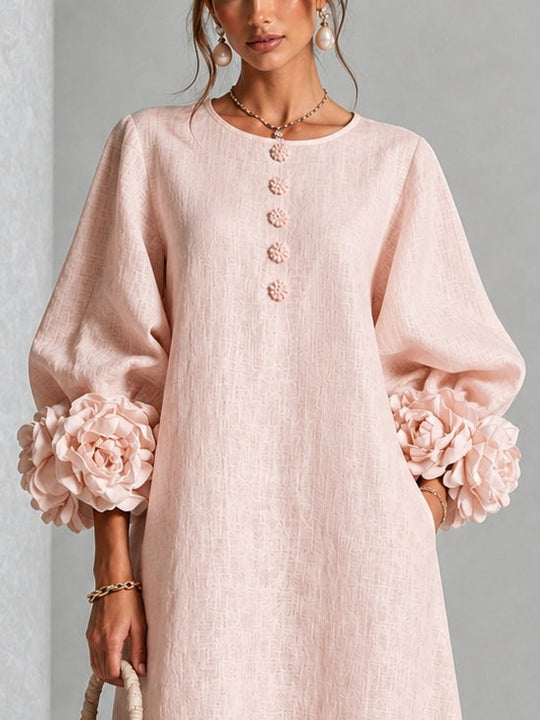 Pink Midi Dress with Flower Buttons and Extravagant Flower Sleeves