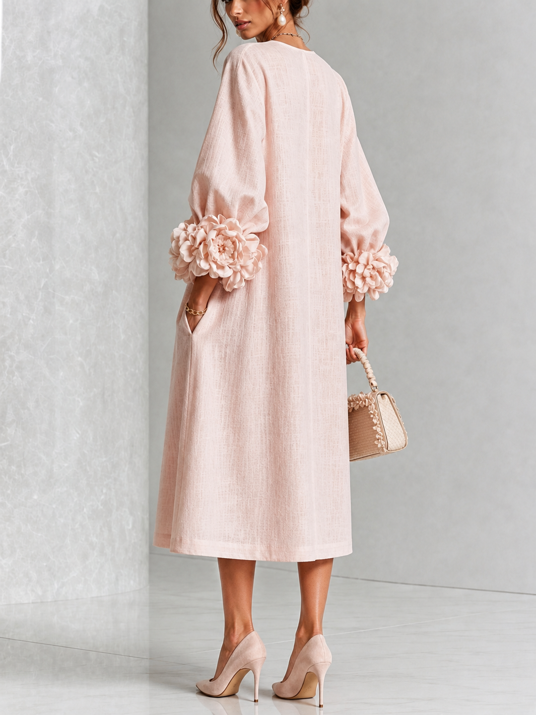 Pink Midi Dress with Flower Buttons and Extravagant Flower Sleeves