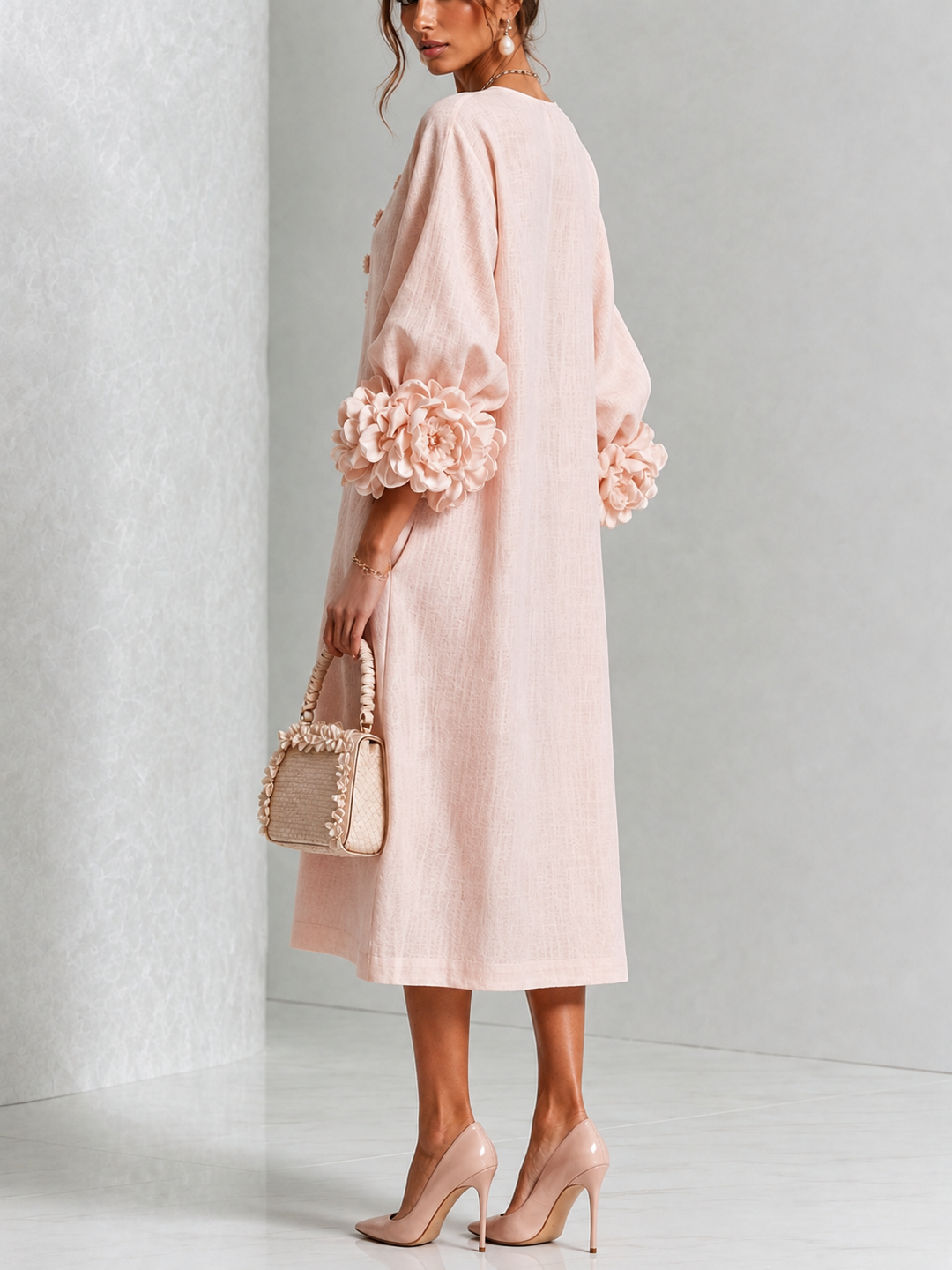 Pink Midi Dress with Flower Buttons and Extravagant Flower Sleeves