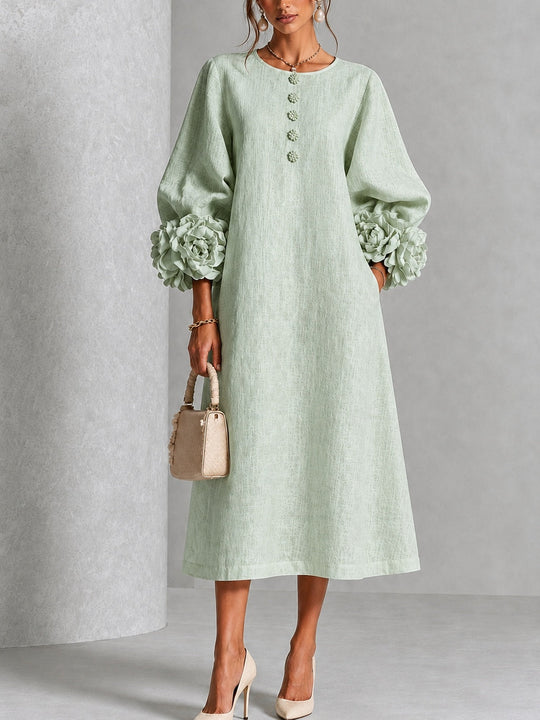 Mistic Sage Midi Dress with Flower Buttons and Extravagant Flower Sleeves