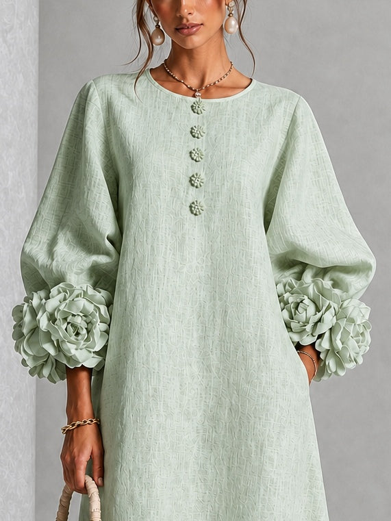 Mistic Sage Midi Dress with Flower Buttons and Extravagant Flower Sleeves