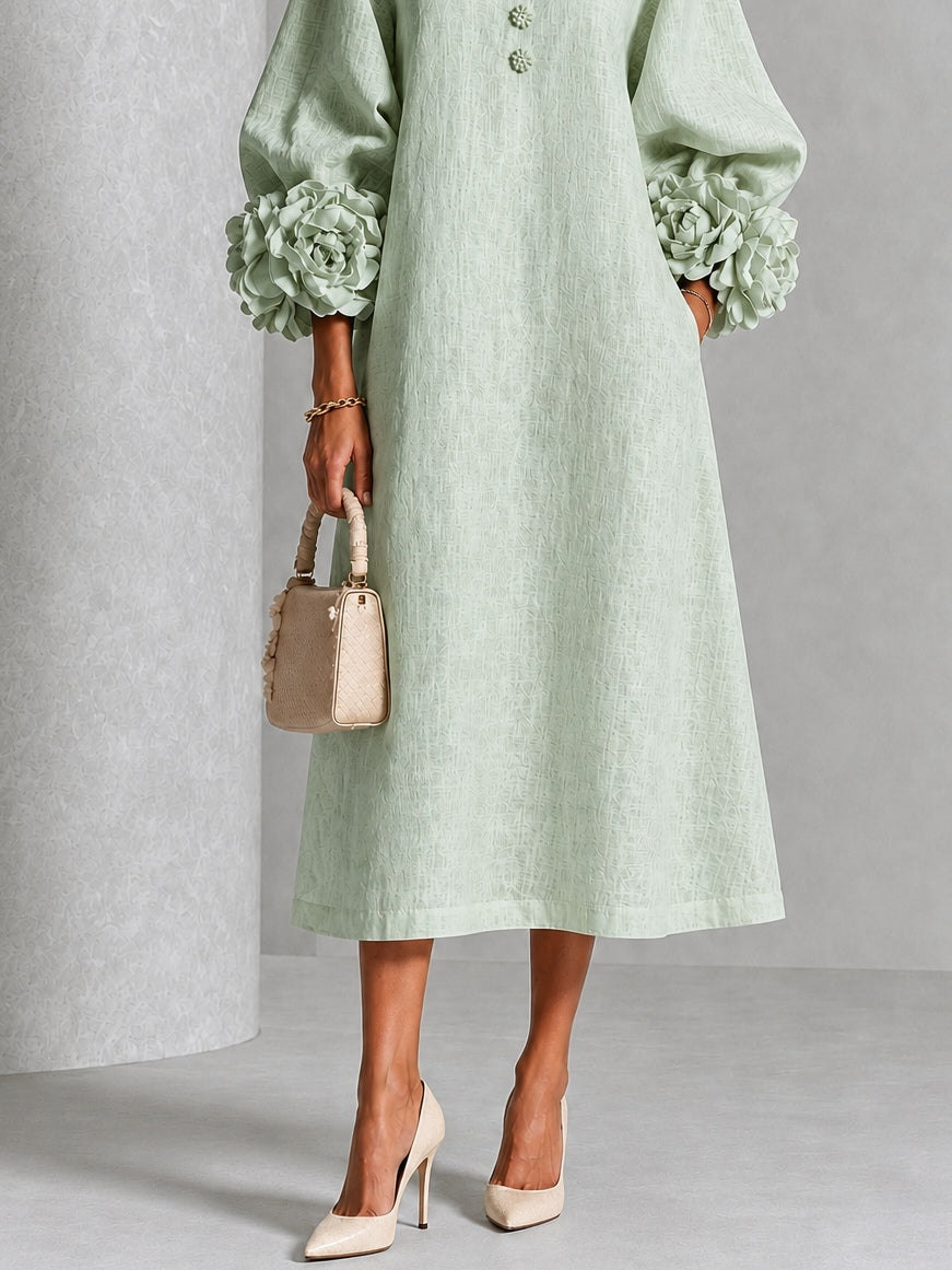 Mistic Sage Midi Dress with Flower Buttons and Extravagant Flower Sleeves