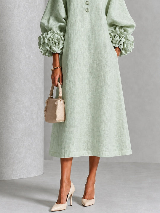 Mistic Sage Midi Dress with Flower Buttons and Extravagant Flower Sleeves