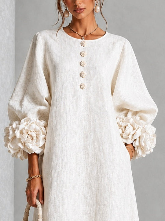 White Midi Dress with Flower Buttons and Decorative Sleeves