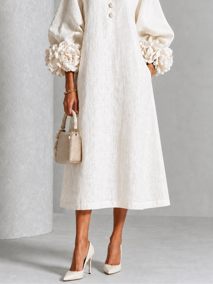 White Midi Dress with Flower Buttons and Decorative Sleeves