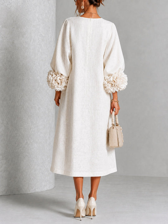 White Midi Dress with Flower Buttons and Decorative Sleeves