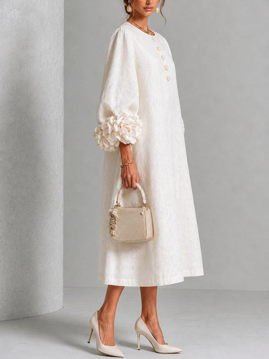 White Midi Dress with Flower Buttons and Decorative Sleeves
