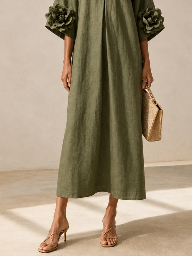 Olive Green Midi Dress with V-Neck and Extravagant Floral Sleeves