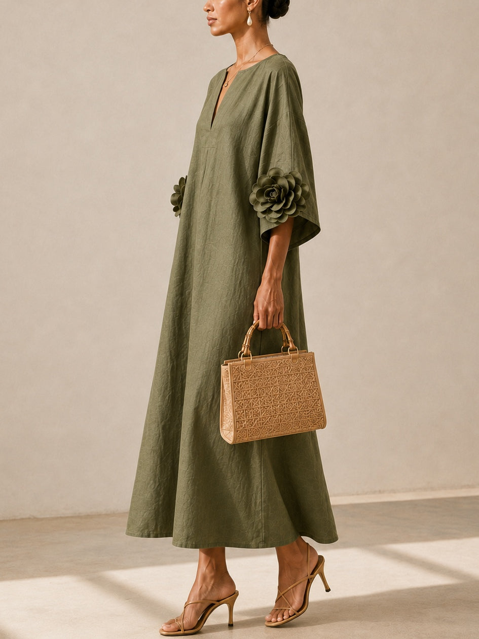 Olive Green Midi Dress with V-Neck and Extravagant Floral Sleeves